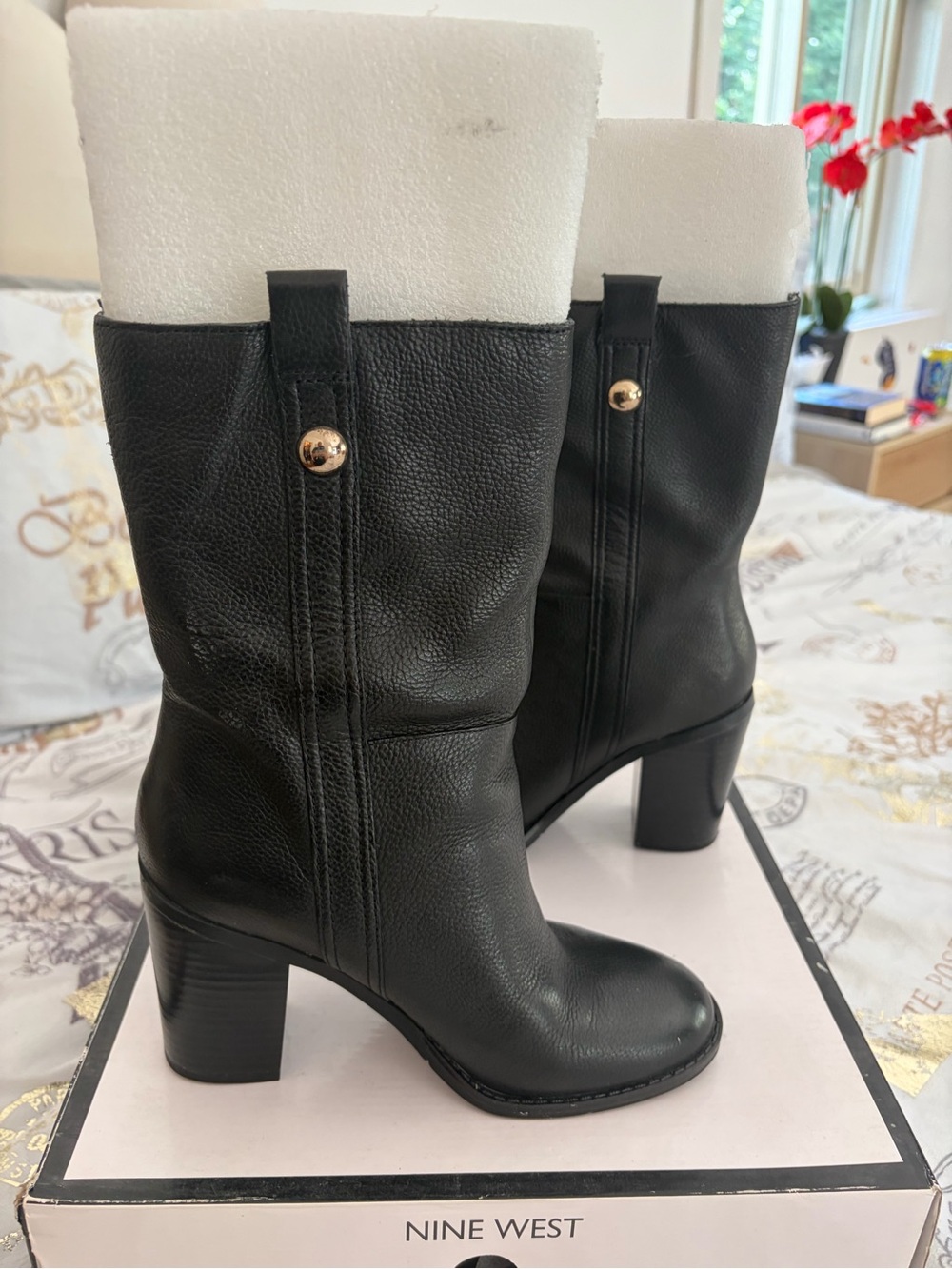 Nine West Black Leather Mid-Calf Heeled Booties with Gold Stud